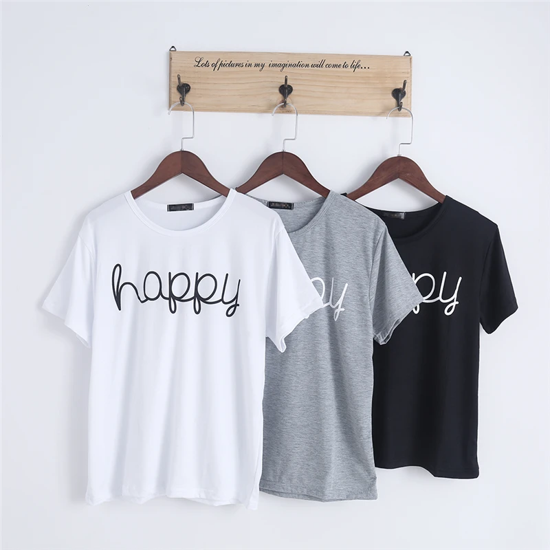 

2017 Summer Happy Printed Women's T Shirt Harajuku Solid Short Sleeve Top Tees O Neck Casual T-shirts Push Size W710