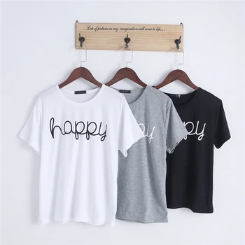 

2017 Summer Happy Printed Women's T Shirt Harajuku Solid Short Sleeve Top Tees O Neck Casual T-shirts Push Size W710