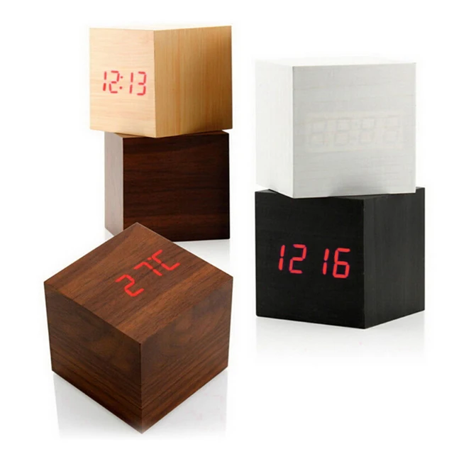 Multicolor Cube LED Wooden Alarm Clock Modern Sound Control Square Desktop Table Digital Thermometer Wood USB/AAA Date Display
