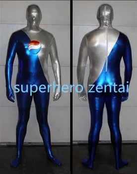 

custom Blue and Silver Shiny Metallic Pepsi Man Cosplay Spandex Costume Halloween Zentai Bodysuit free shipping