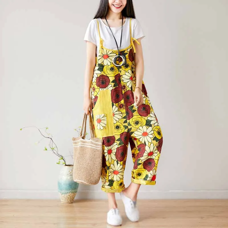 

Vintage Women Pocket Harem Jumpsuit Loose Big Size Floral Printed Hole Overalls Print Summer Ripped Denim Long Romper
