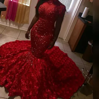 

Delicate Beads Red Prom Dresses Mermaid High Neck Long Sleeves 3D Floral Sweep Train Evening Gowns Plus Size Red Carpet Dresses