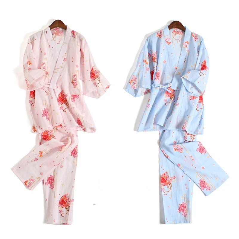 Cotton Pyjamas Women Flower Ball Print Kimono Pajama Set Summer Autumn