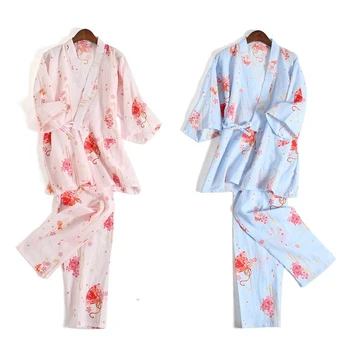 

Cotton Pyjamas Women Flower Ball Print Kimono Pajama Set Summer Autumn Sleepwear Robe Pants Japanese Traditional Home Clothes