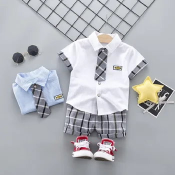 

Summer new boys Sets short-sleeved shirt Lapel tie T-shirt + plaid shorts Suit 2 pieces Boy clothes clothing