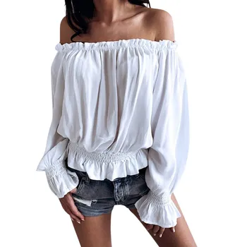 

womens tops and blouses Off Shoulder Solid Casual Long Sleeve Chiffon Ruffled Shirts Top Blouse blusas mujer de moda 2019