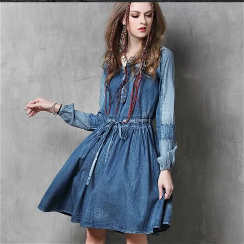 

2019 New Arrival Women'S Denim Dress Female Vintage Casual Long Sleeve Embroidery Elegant Slim Jeans Belt Dresses Women A3989