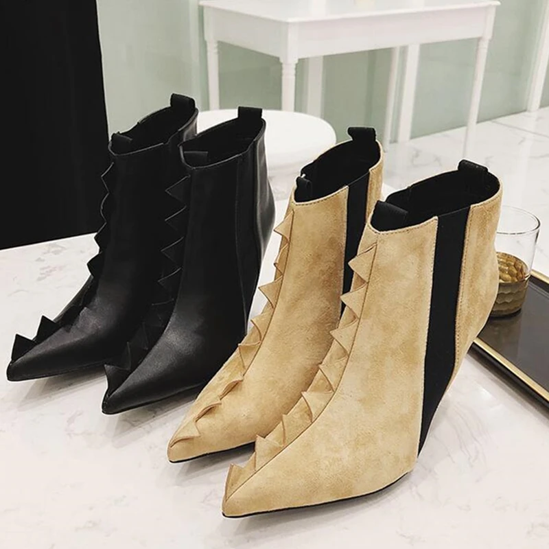 

Fashion Seude Leather Sawtooth Women Ankle Boots Black Pointed Toe Stiletto High Heels Motorcycle boots Street Style Party Shoes