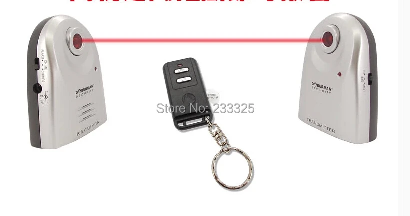 

wireless window door entry defender  two remote controls and built-in battery/infrared beam detector sensors with alarm 100dB