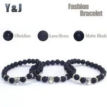 

Y&J Lava Stone Bracelets for Men Natural Beaded Energy Yoga Bracelet Silver Leopard Pendant Obsidian Matte Black