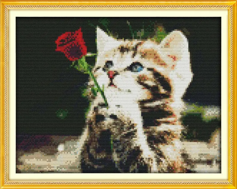 

New Arrive Handmake DIY Needlework Waiting For Love-Cat with rose DMC Cross Stitch Kits for Embroidery Knitting Needles Crafts