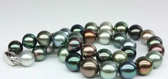 

18'9-10mm genuine tahitian round peacock green multicolor pearl necklace
