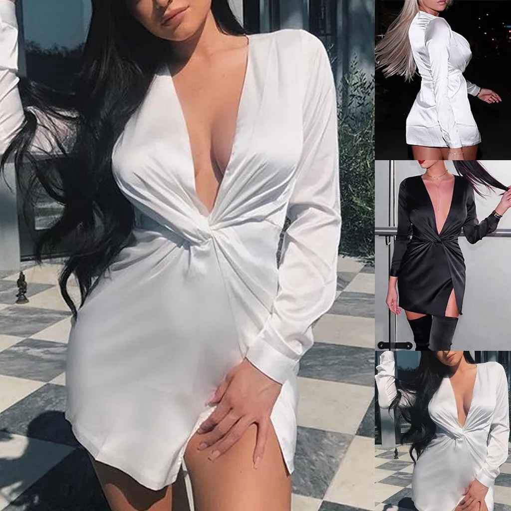 

Sexy Womens Bind Long Sleeve V-neck Zipper Bodycon Slit Evening Party Dress New Fashion Chic Women Dress