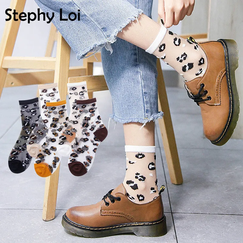

5 pairs Cute Harajuku Leopard Transparent Tulle Socks Women Ankle Thin Crystal Meias Summer Funny Socks Lady Dress Party Hosiery