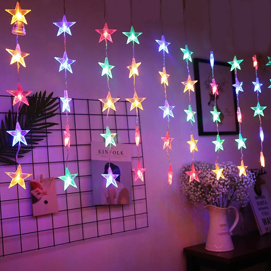 

Thrisdar 2.5M 50LED Star icicle Curtain Fairy String Light Garland Wedding Party Curtain Birthday String Chain Banner Ornaments