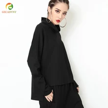 Женская тонкая свободная футболка Осенняя Повседневная футболка с длинным рукавом женская черная высокая шея элегантный асимметричный подол рукав летучая мышь Топы для женщин