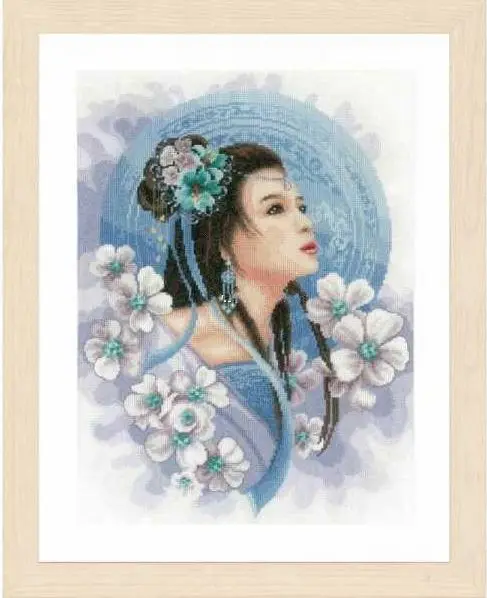 

14/16/18/27/28 Beautiful Counted Cross Stitch Kit Asian Lady in Blue Princess Girl Woman Lass and Flowers Lanarte PN-0169168