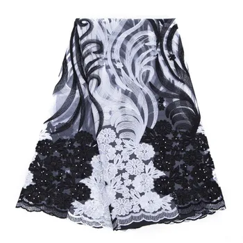 

African Lace Fabric Black White African Guipure Lace fabric with Rhinestones High Quality French Lace 3 d flowrs Fabric