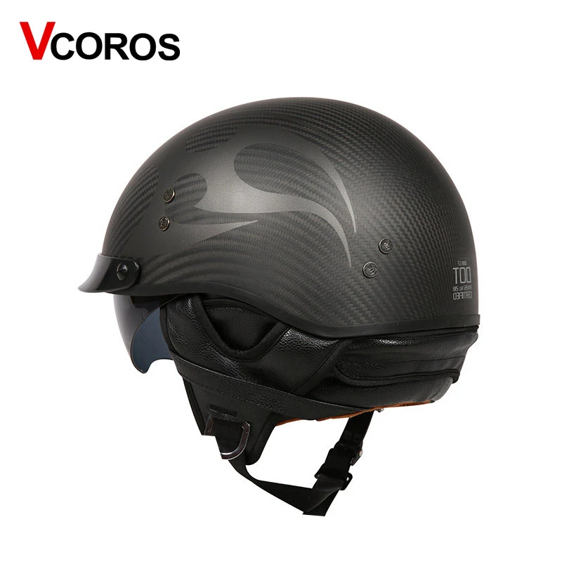 Flat Black, XXL VCOROS Carbon Fiber Open Face Motorcycle Helmet Sun Shield Man Women Cruises Half Face Retro Helmets 