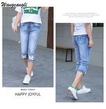 Wangcangli Plus Size Skinny Women Jeans Holes and Spring Autumn High Waist Bow Calf length Women Pants Large Size XL-5XL