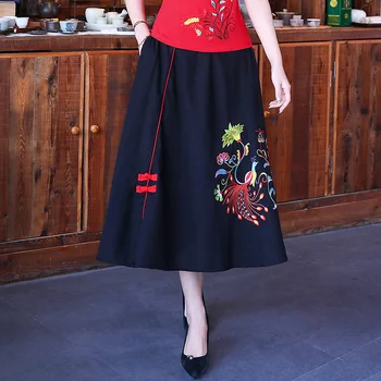 

faldas mujer moda 2020 ethnic skirts womens autumn Chinese style vintage designer black embroidery long skirts