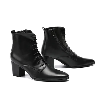 

Men Luxury Black Leather Ankle Boots Lace-up Design Botas Hombre Pointed Toe Side Zipper Military Boots Tide Shoes Size 38-46