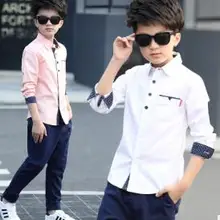 Лидер продаж, осенние и зимние рубашки Детские рубашки для мальчиков топ с длинными рукавами и пуговицами и карманами Повседневная блуза с отложным воротником От 5 до 12 лет