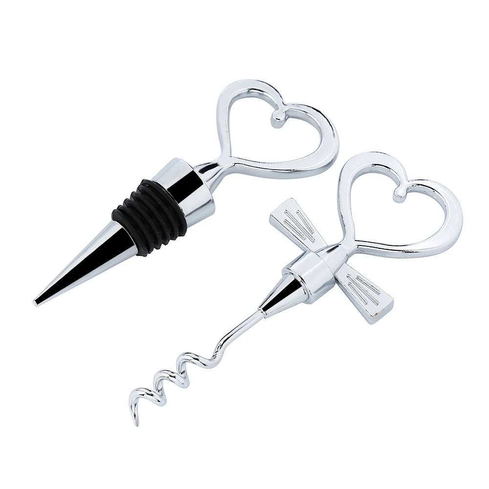 Heart Shaped Wine Bottle Stopper and Corkscrew Set Zinc Alloy Wine Sealed Stopper Opener Wedding