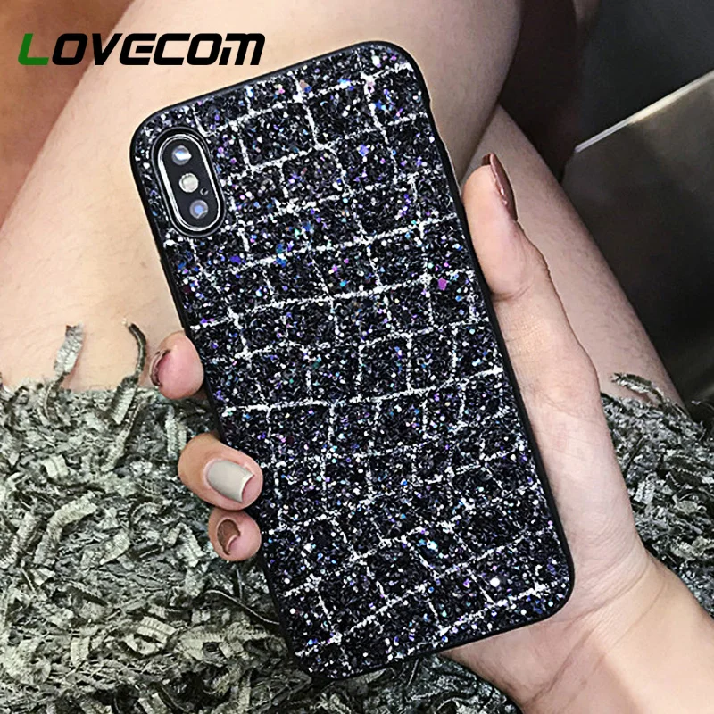 

LOVECOM Classical Glitter Phone Case For iPhone 6 6S 7 8 Plus X Luxury Black Glitter Powder Soft TPU Phone Back Cover Cases