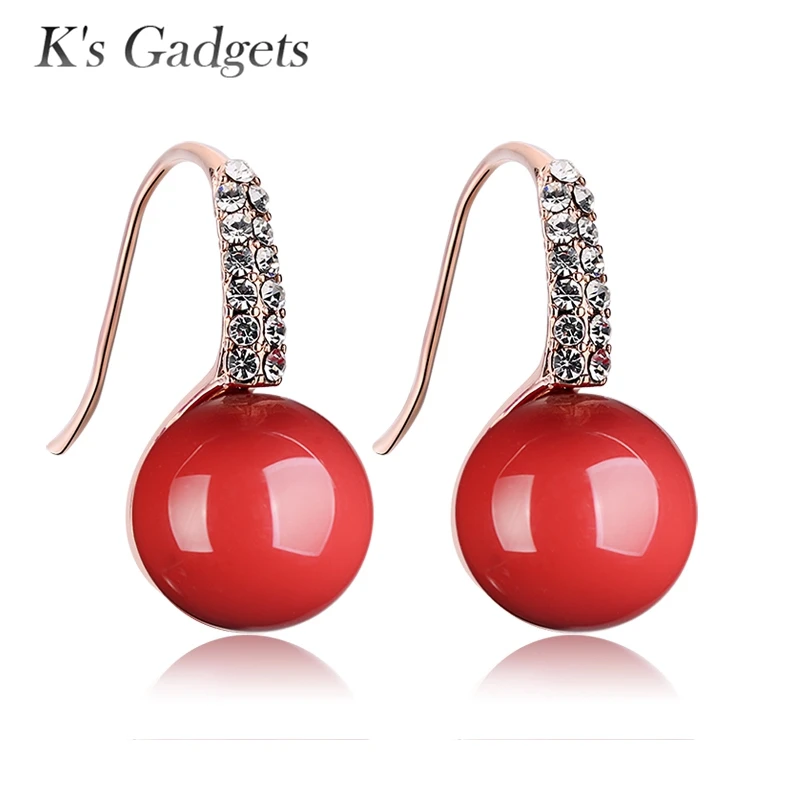 

Big Red Earrings Pendientes Rojos Fine Jewelry Rose Gold Color Earrings Artificial Coral Earrings Women CZ Big stone Earring