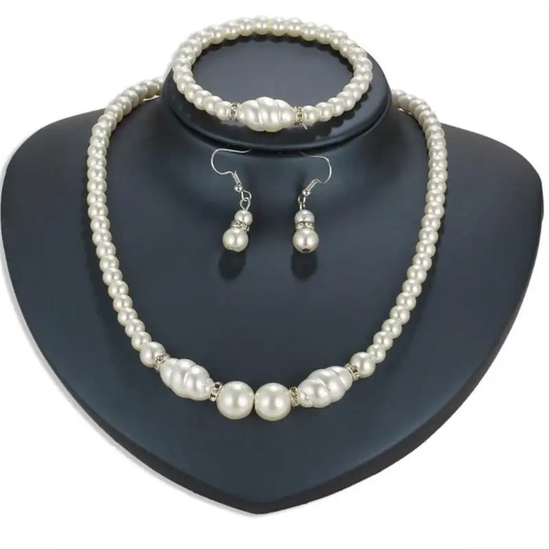 Классический Серебряный цвет сплав имитация жемчуга ожерелье и серьги набор украшений для женщин Горячая эластичные бусины браслет 3