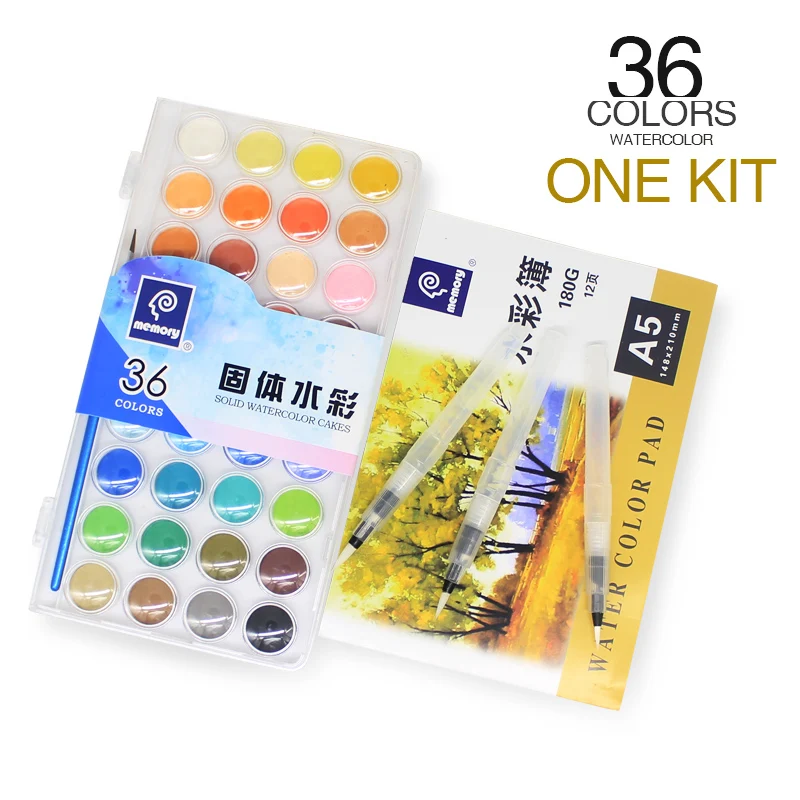 

Memory Brand 36Colors Travel Solid Watercolor Paints Set For Kids Art Water color Cake kit Plus SketchBook