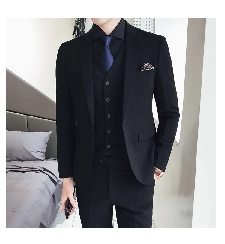 Однотонная мужская официальная одежда, черные костюмы, тонкий элегантный мужской свадебный комплект для жениха, размер 48-56, мужской костюм, пиджак+ жилет+ брюки