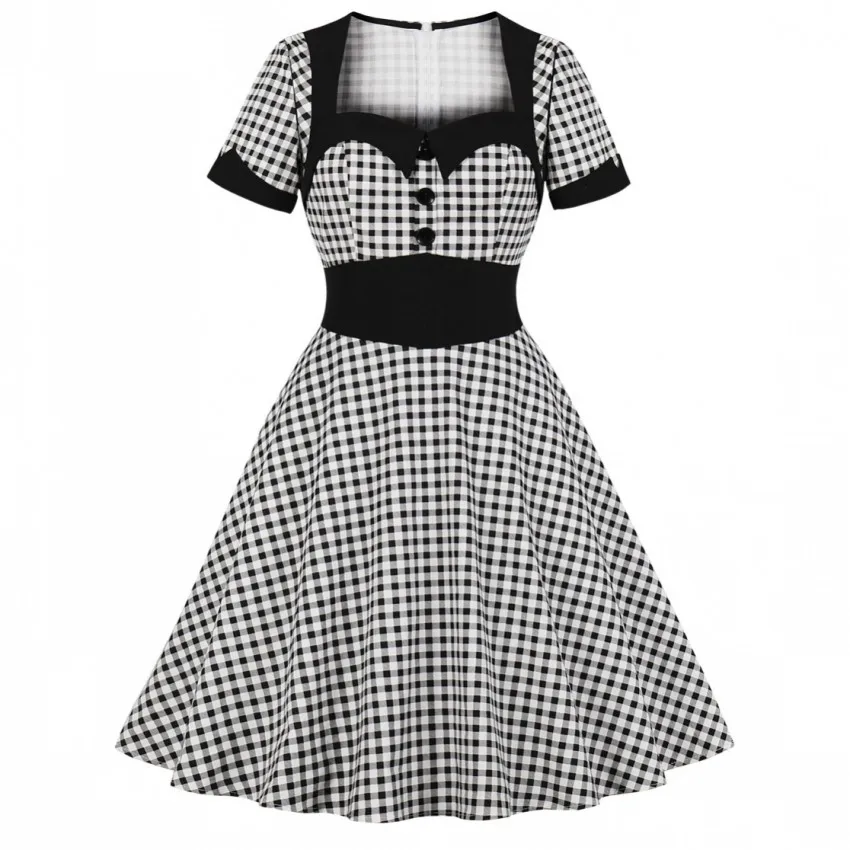 Audrey Hepburn Black Plaid Women Retro Dress Pin Up Belts Button short sleeves Vintage Dress Rockabilly Robe Party Vestidos - Цвет: Черный