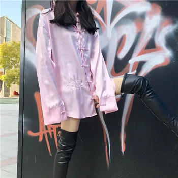 

NiceMix Women's Clothing Chinese Style hipster Vintage Embroidery loose Women Blouses Turn-down Collar long sleeve New harajuku