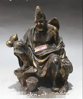 

8" Chinese Bronze Gilt Mad Monk Jigong Ji Gong Buddha Hold Gourd Bottle Statue