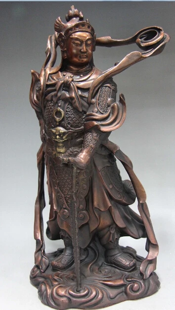 

16" Chinese Folk Pure Red Copper Bronze God of War WeiTuo Wei Tuo Warrior Statue