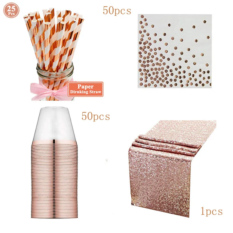 

Rose gold plastic cup paper towel tablecloth rain silk curtain straws birthday party wedding decorations