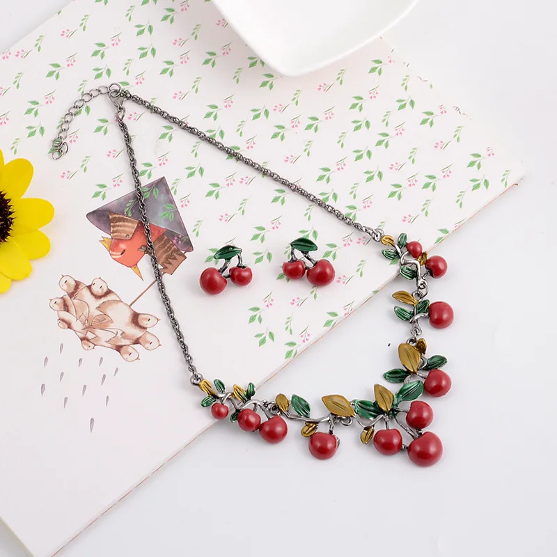 Cherry necklace earrings set women fashion dinner dress bridal