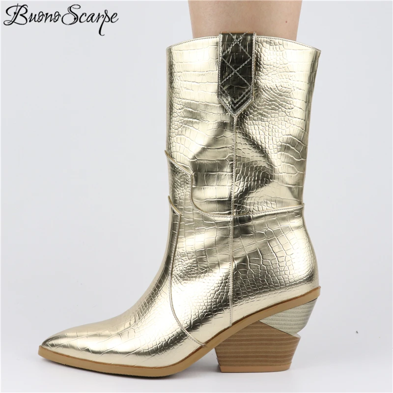

Embossed Microfiber Short Women Boots Wedges Med Heels Brand Designed Shoes Pointed Toe Gold Silver Botas Mujer Runway Booties