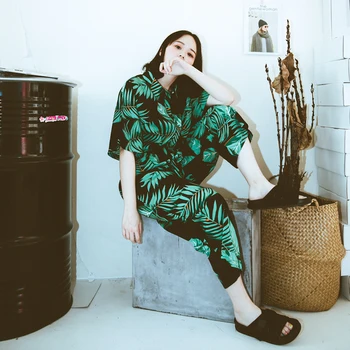 

2018 Loose Ladies Fashion Overalls Summer Green leaves Forest style Women's Long Jumpsuit