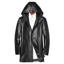 Модная куртка средней длины с капюшоном из овчины, мужская повседневная кожаная куртка из натуральной кожи, Весенняя популярная кожаная одежда из овечьей шкуры