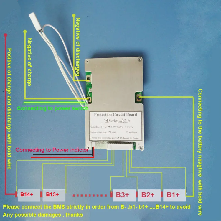 14S BMS 58,8 V литий-ионная аккумуляторная печатная плата с защитой порта зарядки и функцией переключателя 40A постоянная разрядка тока