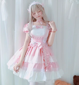 

French Maid Gothic Style Pink Short Sleeve Lace Trim Bowknot Dress Japanese Retro Women Lolita Kawaii Cosplay OP Princess Dress