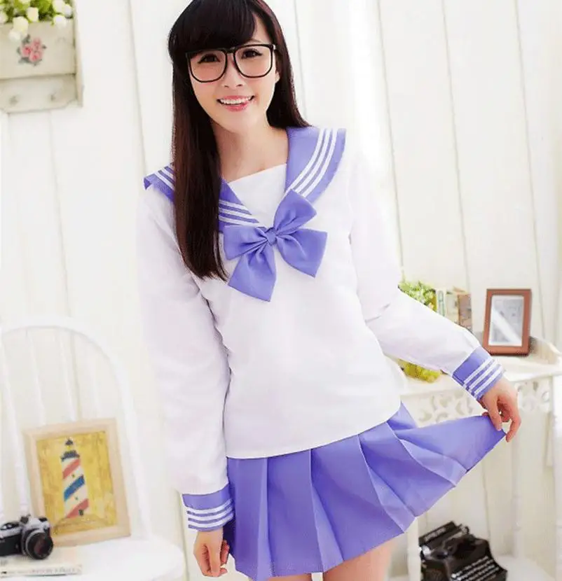 Korean Version Cosplay Costume Sailor Collar School Uniform Set With Bowknot Super Stretch  Girls Cotton Pleated Skirt 3