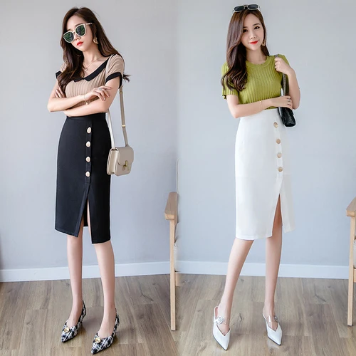 

2019 Summer Fashion Casual Ladies Skirts Korean High Waist Brief Sommer Rock Single Breasted Chic Open Side Split Skirt
