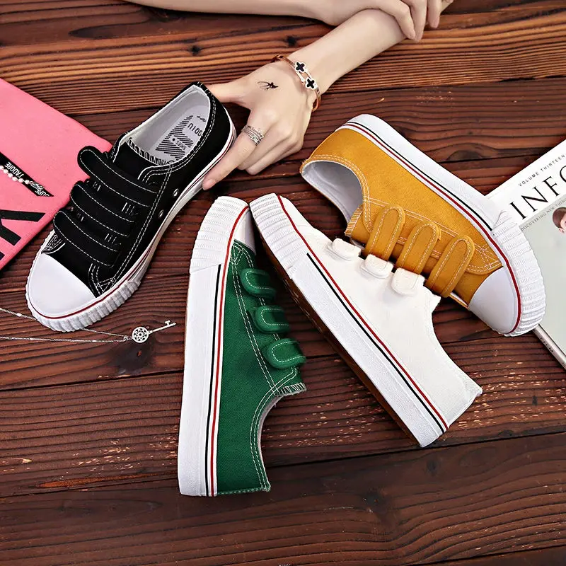 

HOT Women's Vulcanize Shoes Sneakers Candy Color Hook&Loop Canvas Shoes White Flat Sneakers Female Rubber Sole Ladies Shoe