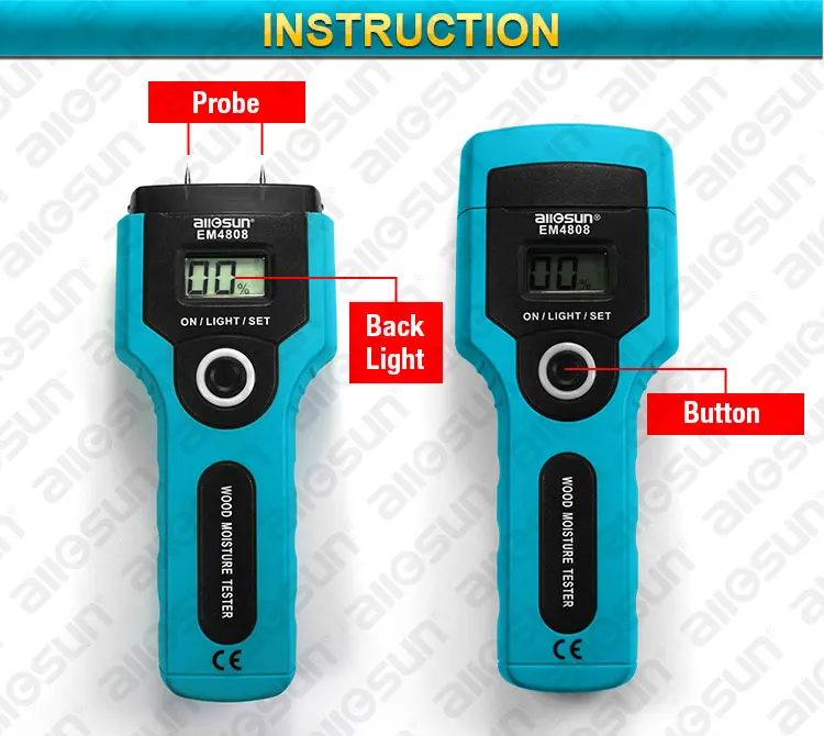 All-SUN EM4808 Portable Digital Moisture Meter LCD Display Wood Analyser 7 Ranges Measurement Scope 2%-5%