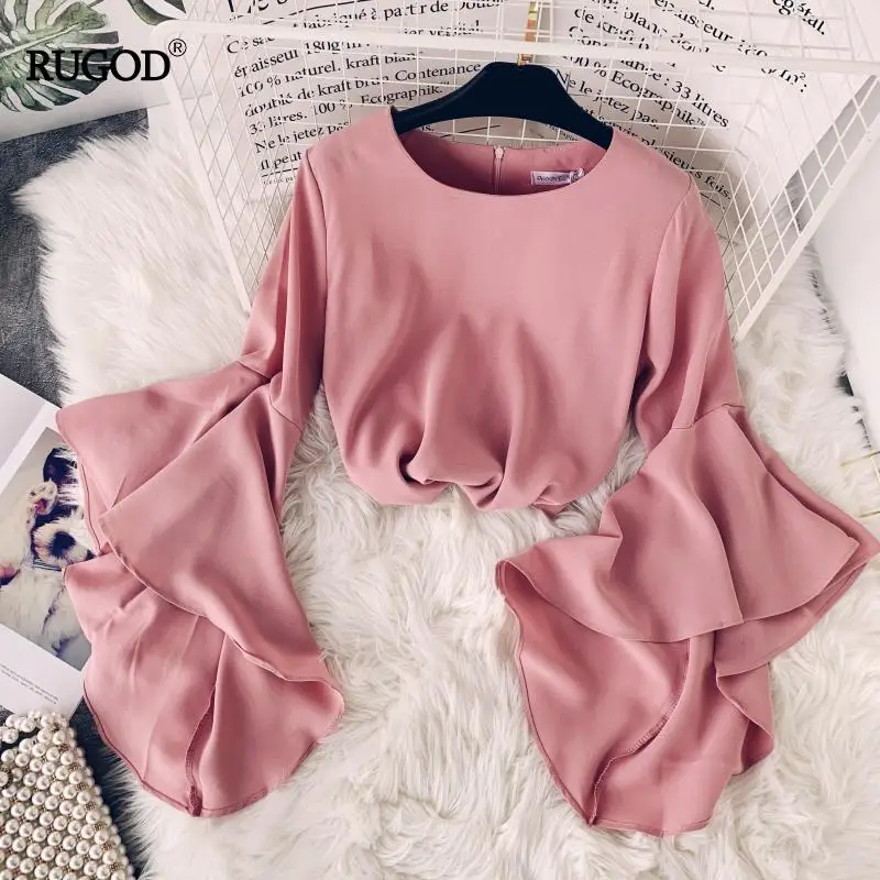 

RUGOD Flare Sleeves Loose Solid Women Blouses O Neck Summer Tops and Blouses Korean Style Casual Chiffon Blouses Chemise Femme