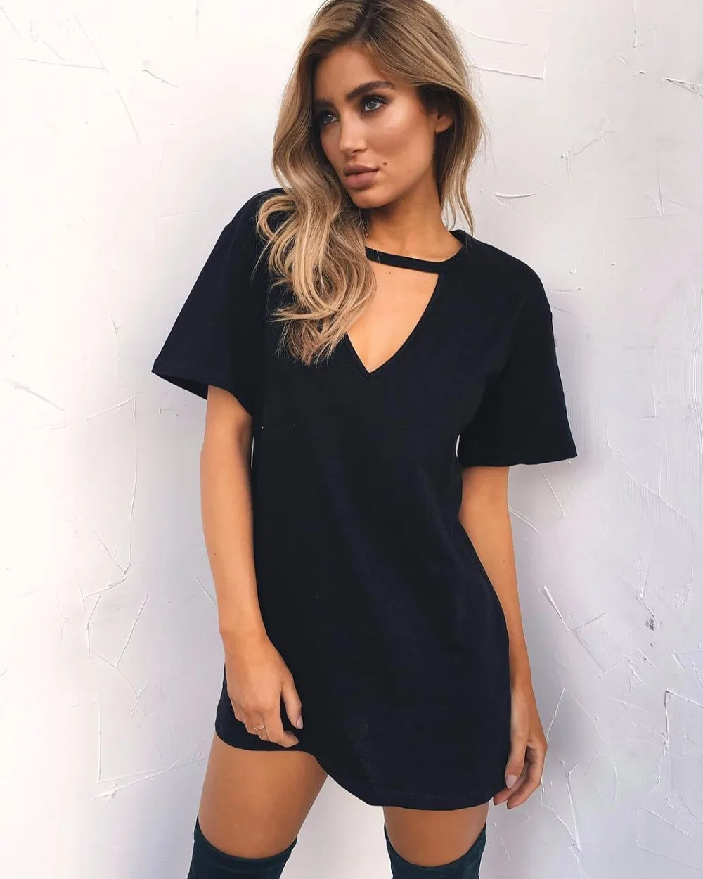 MSSNNG 2018 Sexy V Neck Cotton Summer Dresses Female Solid Casual Loose Dress Women A-Line Mini Vestidos  (12)